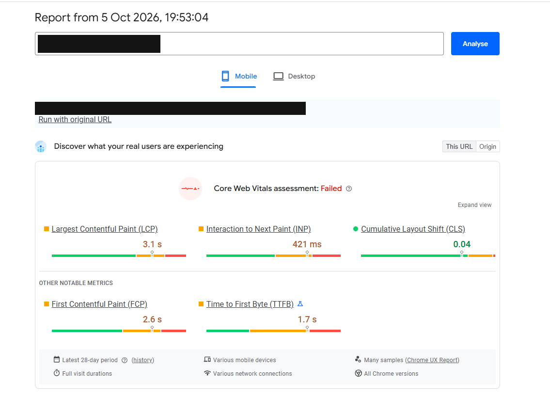 PageSpeed Insights field data panel showing Core Web Vitals assessment