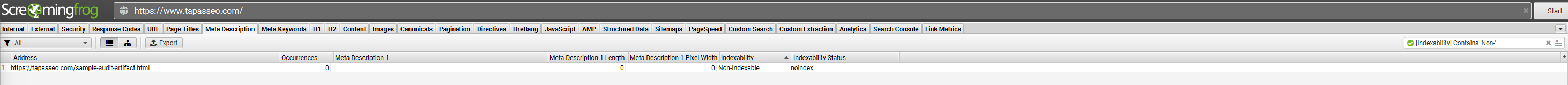Website crawler results filtered to non-indexable URLs, with the Indexability Status column highlighted