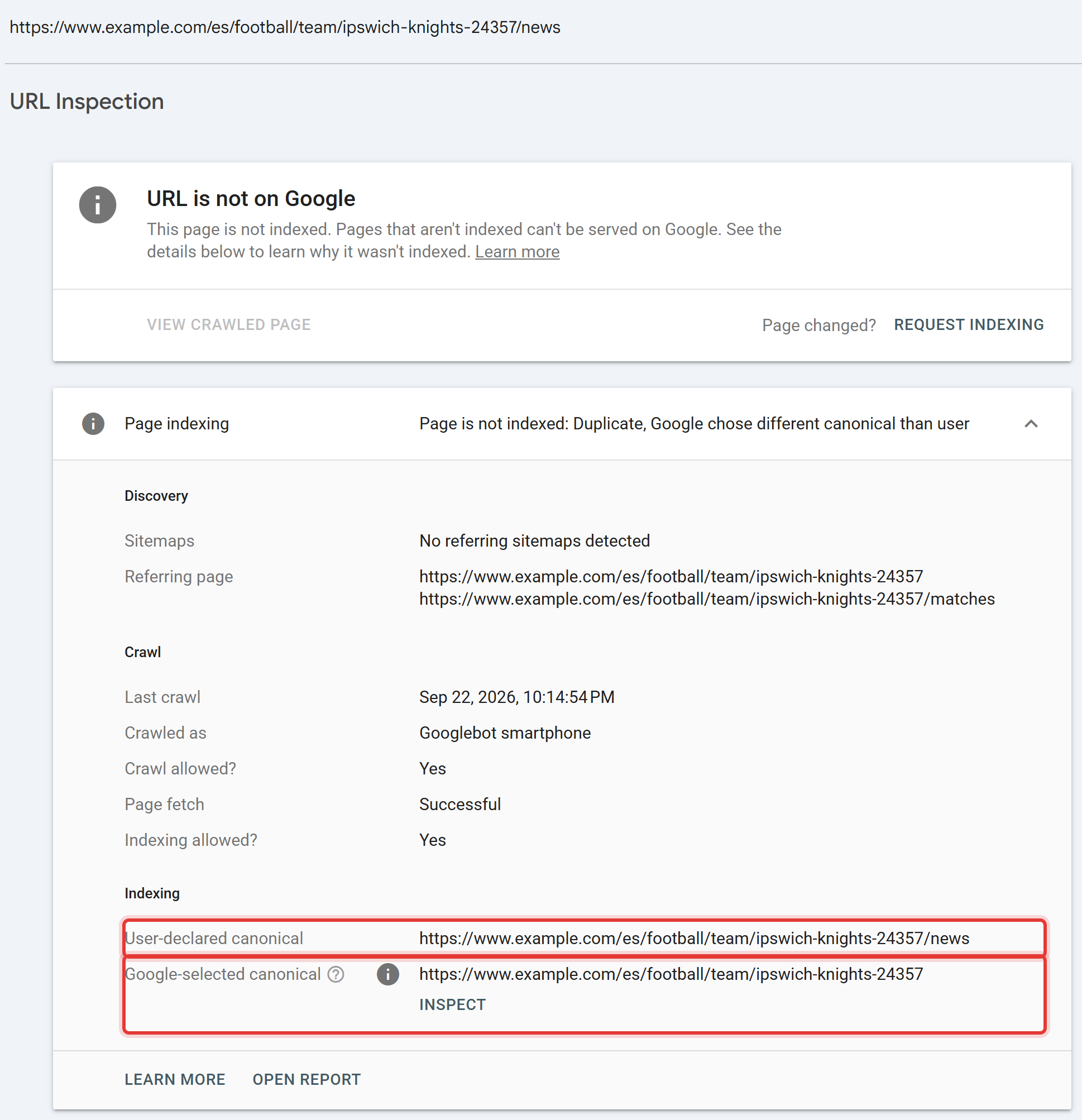 URL Inspection tool comparing the user-declared canonical and the Google-selected canonical