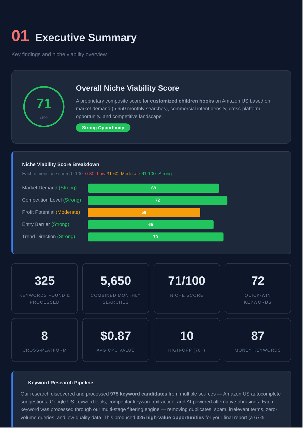 Executive summary with niche viability score
