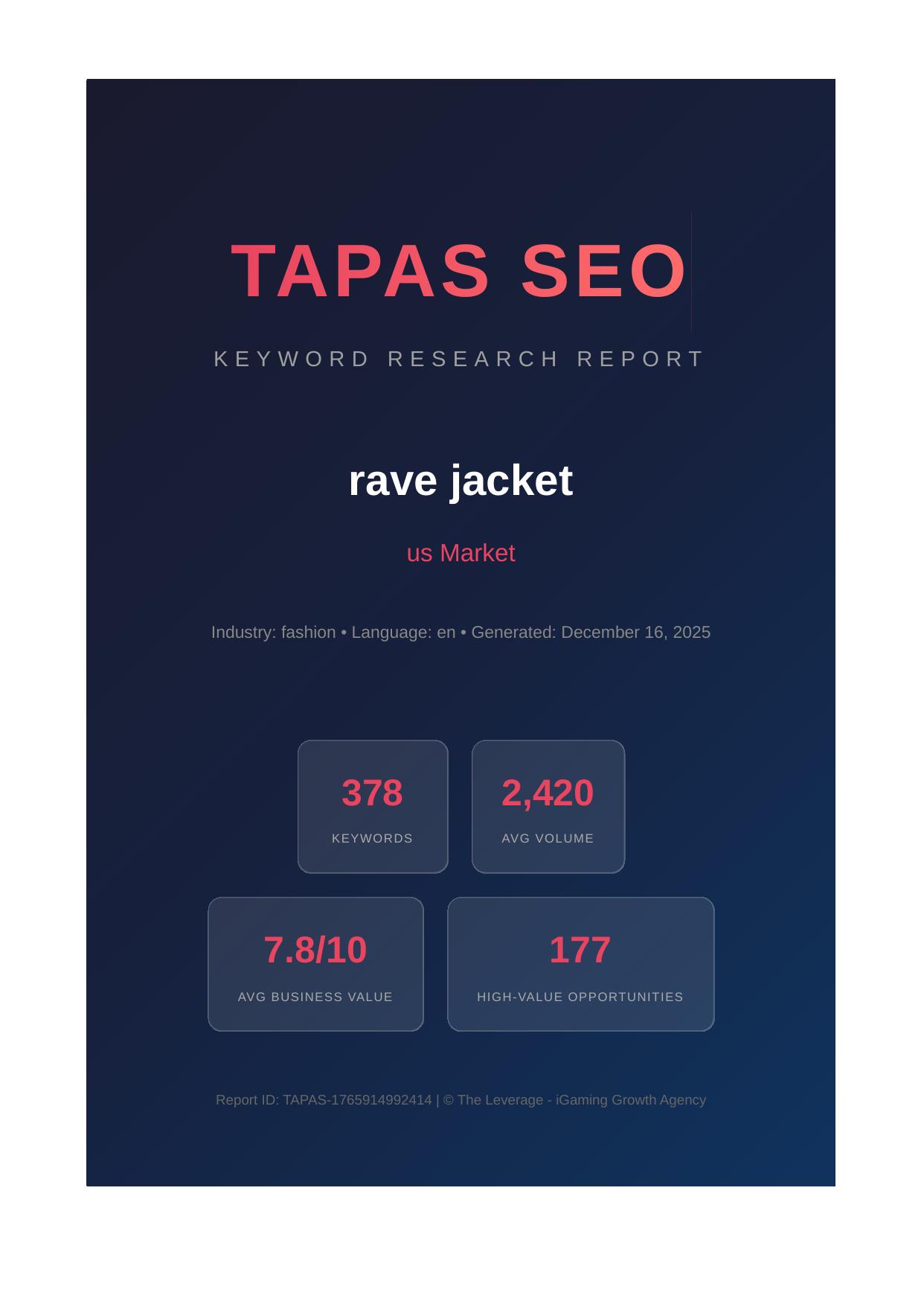Tapas SEO Report Cover Page showing key metrics